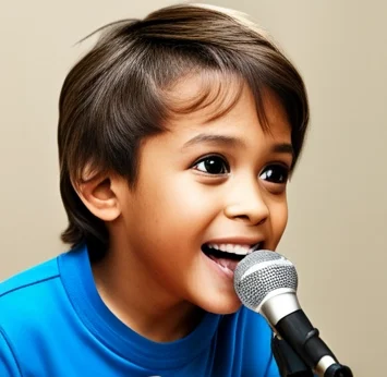 child with a voice disorder using a microphone during speech therapy.