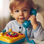 young toddler showing how toys in this case a phone can be used for speech and language development