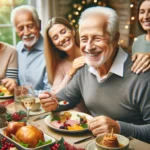 Elderly man joyfully eating a meal with family, celebrating victory over dysphagia