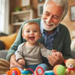 A delighted grandparent, sitting with a 6-month-old baby in a cozy living room setting. The baby is surrounded by colorful toys and is happily babbling with a big smile. The grandparent is making eye contact with the baby, mimicking sounds, and showing positive facial expressions. The atmosphere is warm and engaging, with a sense of joy and bonding.