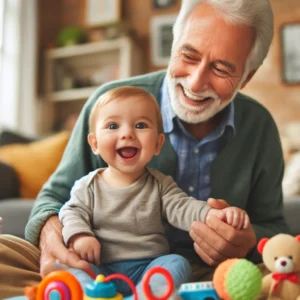 A delighted grandparent, sitting with a 6-month-old baby in a cozy living room setting. The baby is surrounded by colorful toys and is happily babbling with a big smile. The grandparent is making eye contact with the baby, mimicking sounds, and showing positive facial expressions. The atmosphere is warm and engaging, with a sense of joy and bonding.