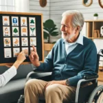 Elderly man in a wheelchair using a communication picture board during a speech therapy session