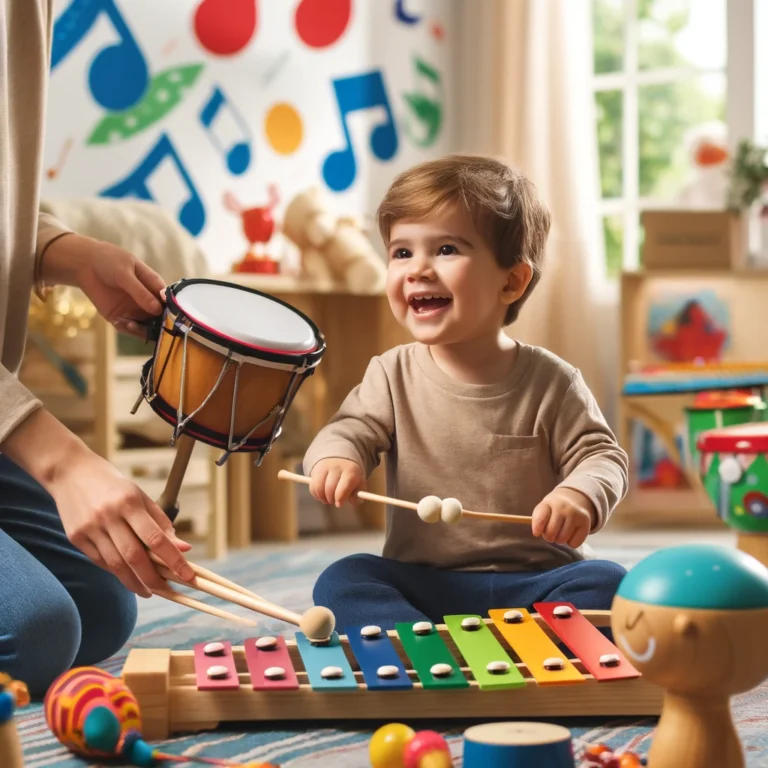 A young child engaging in musical play with instruments like a xylophone and drums, during therapy for a receptive language disorder.