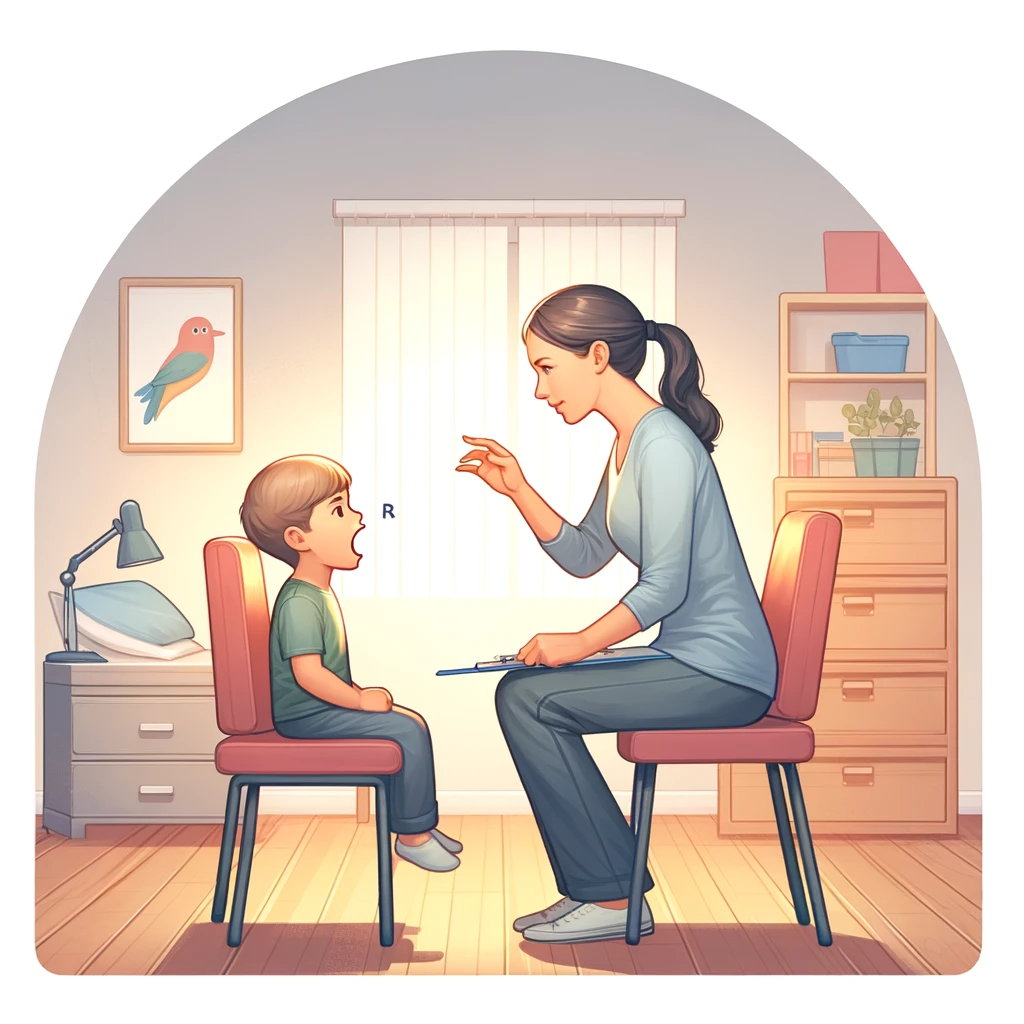 An illustration of a speech therapist guiding a child in articulating the 'r' sound in a calm therapy room.