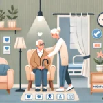 Caregiver helping an elderly person with Alzheimer's disease in a cozy, home-like setting with clear labels, signs on furniture, nightlight, and plants