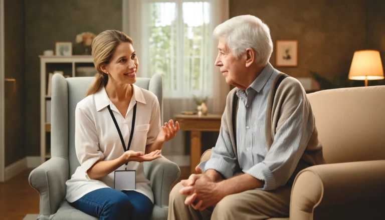 Adult speech therapy session with a female speech therapist working with a 55-year-old male on speech exercises.engaging in a conversation with a speech-language pathologist in a cozy living room setting.