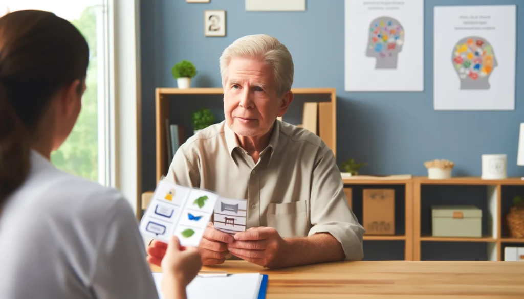 Elderly man engaged in a speech therapy for aphasia session with a Speech-Language Pathologist, holding picture cards in a bright office.