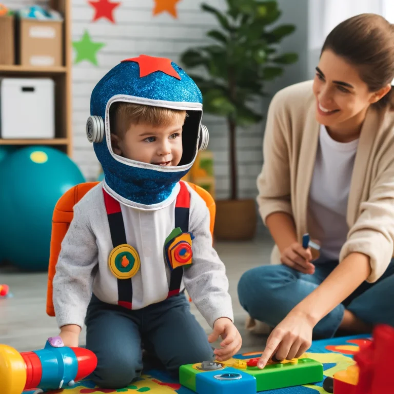 4-year-old boy in a spaceman outfit engaging in role play