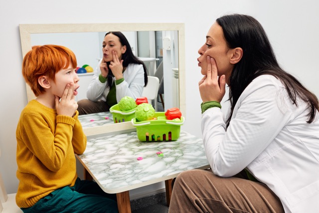 speech therapist working with a child with apraxia of speech