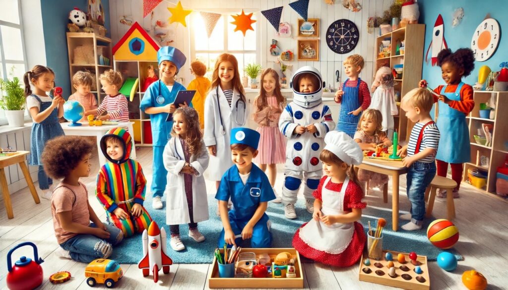 Smiling children in costumes engaging in various role-playing activities like doctor, astronaut, and chef in a colorful playroom.