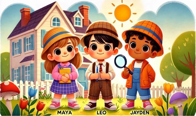 First word detectives Maya, Jayden, and Leo smiling together, ready for a word hunt.