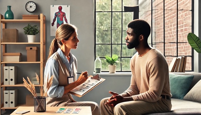 Adult cognitive communication therapy session with a middle-aged person of color and a speech-language pathologist in a bright, modern clinic.