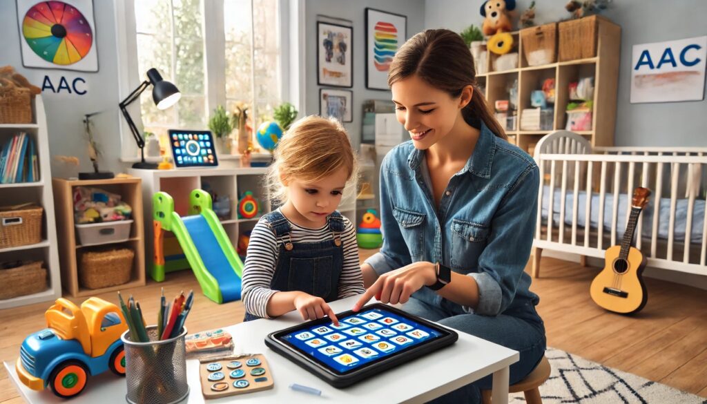 A speech therapist helping a child use an Augmentative Communication device in a colorful, child-friendly therapy room.