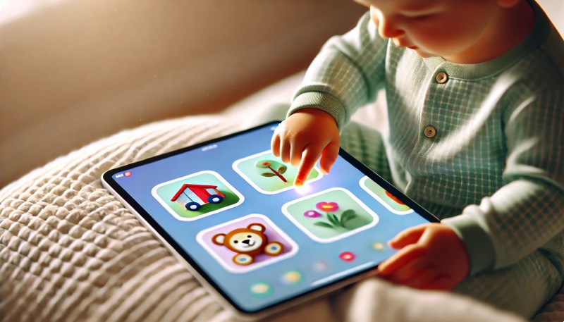 toddler playing a word matching game.