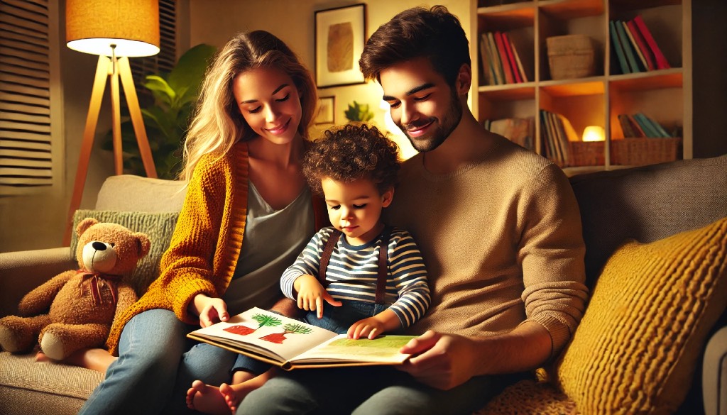 Family reading a storybook together to enhance language comprehension.