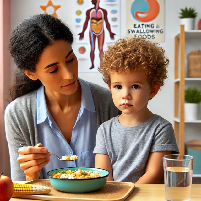Child engaged in a feeding therapy session with a speech therapist, practicing safe and supportive feeding techniques.