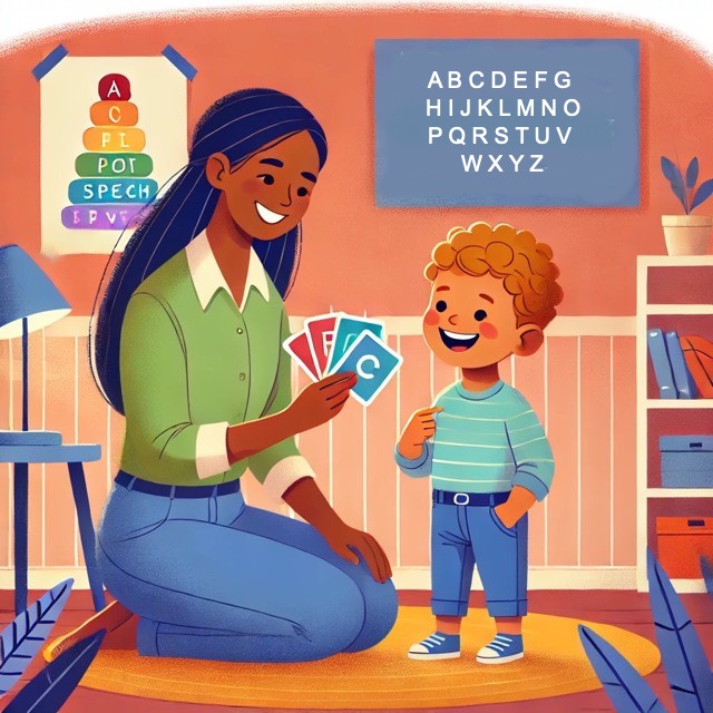 Young child practicing speech sounds with speech therapist.