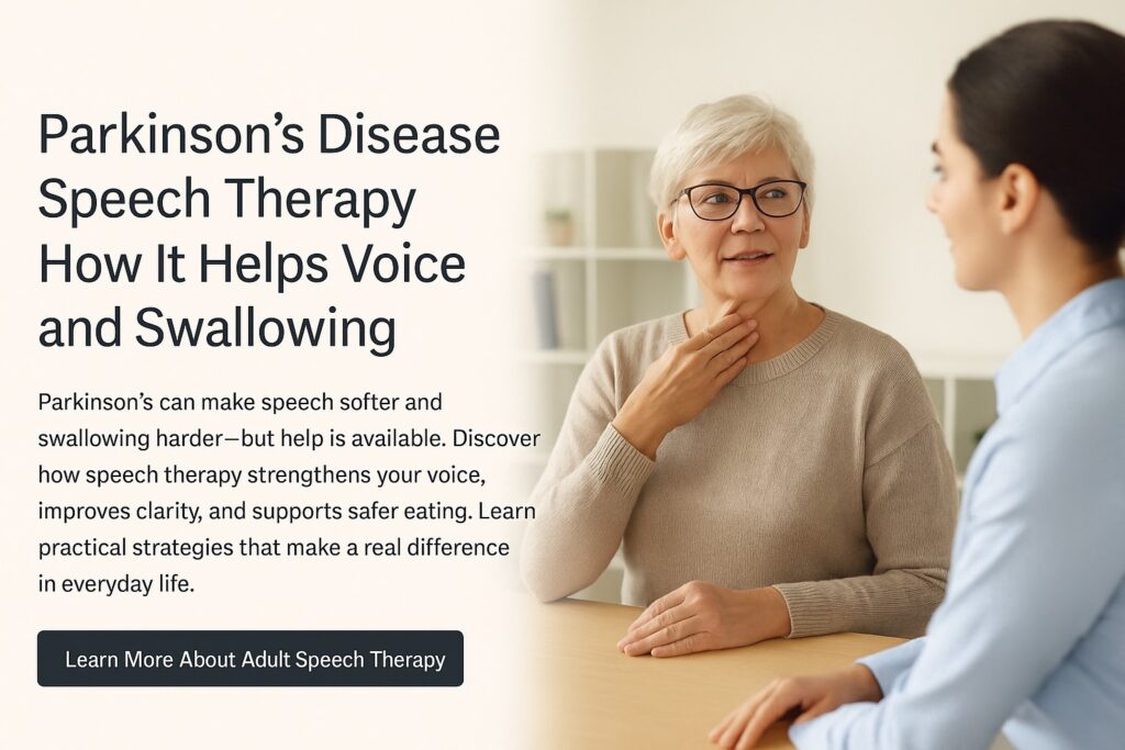 Older woman receiving Parkinson's disease speech therapy, practicing vocal exercises with a speech-language pathologist to improve her voice and swallowing during a supportive therapy session.