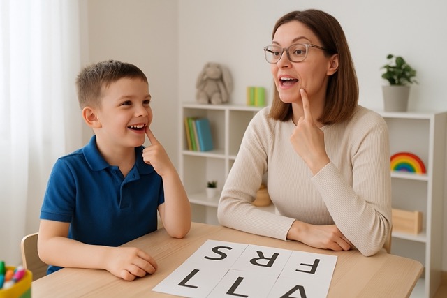 Young child practicing speech sounds with a speech therapist