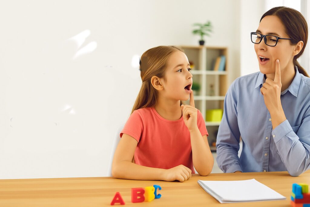 speech-therapy-children Speech therapist working with a school-age child during speech therapy for children ages 4–12