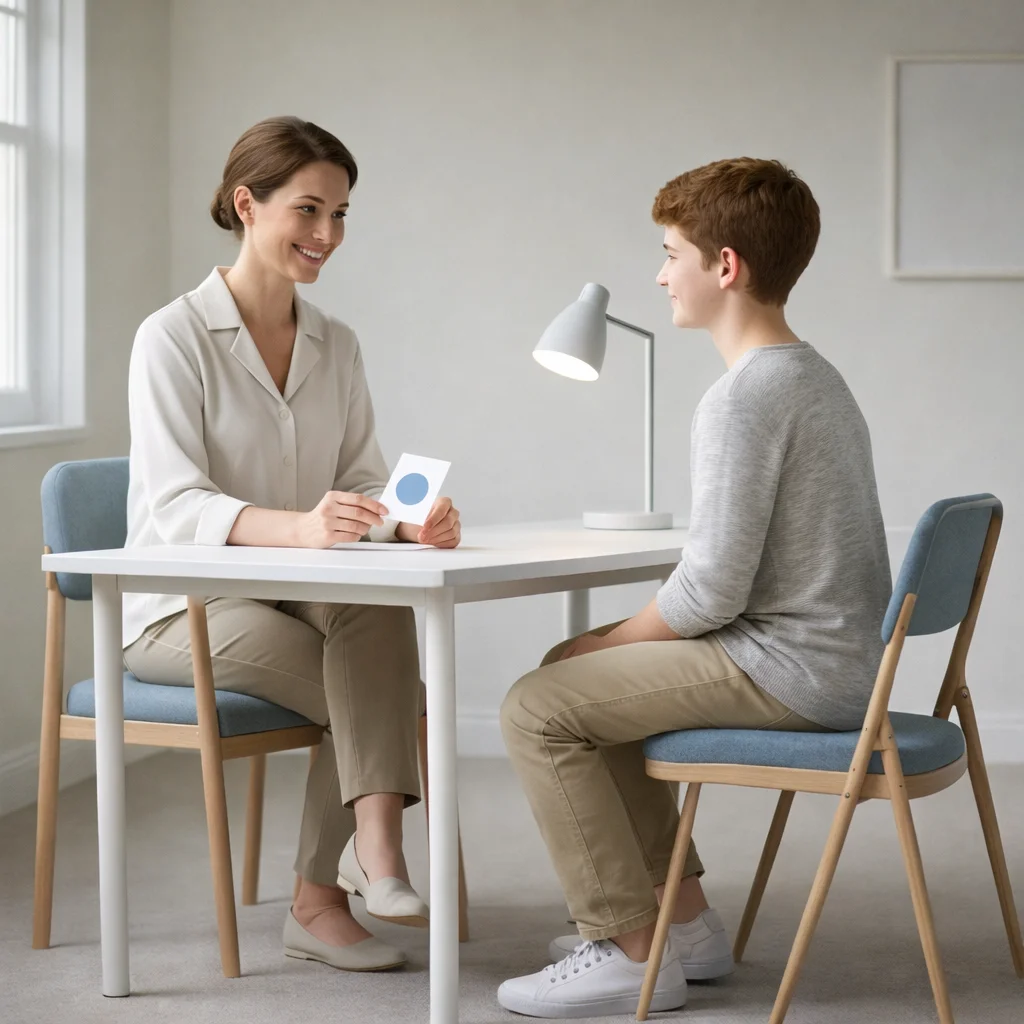 Speech therapist working with a child during a supportive fluency therapy session