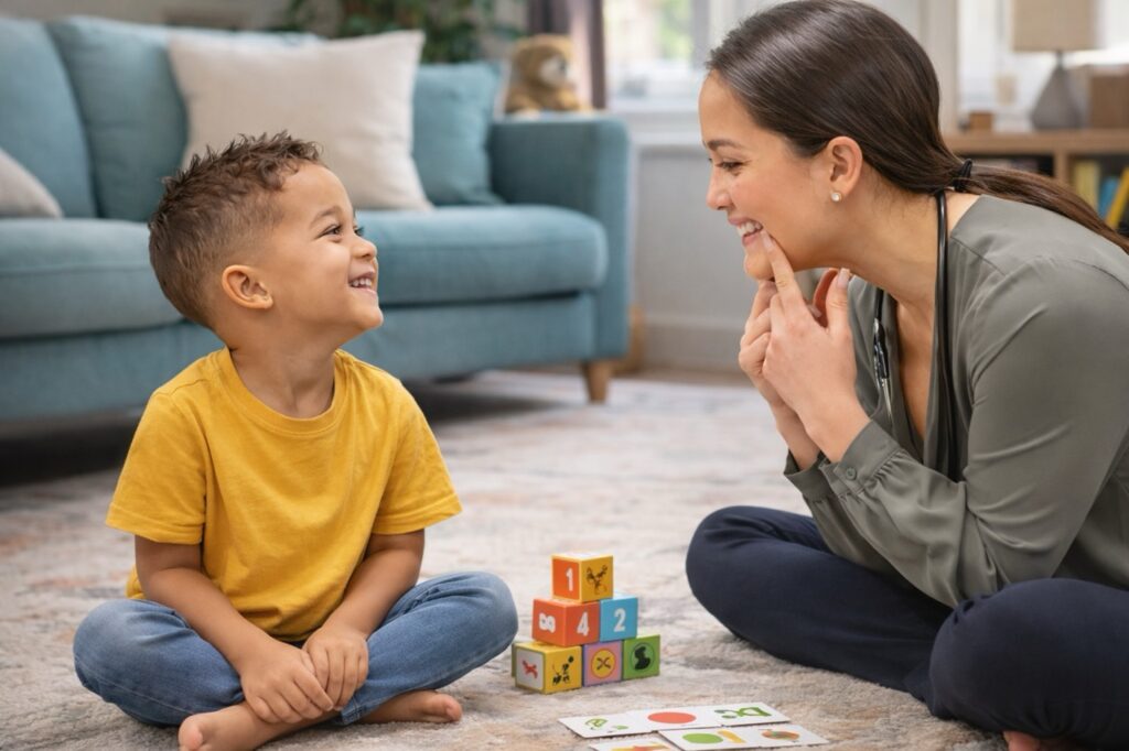Speech therapist sitting on floor using play and picture cards to support toddler with developmental language delay