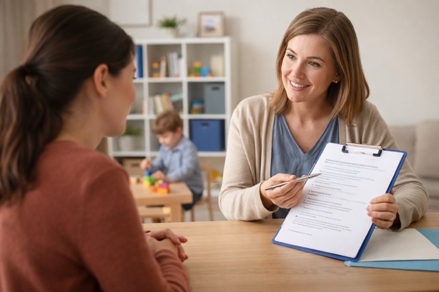 Speech therapist explaining therapy costs and insurance options to a parent while a child plays nearby