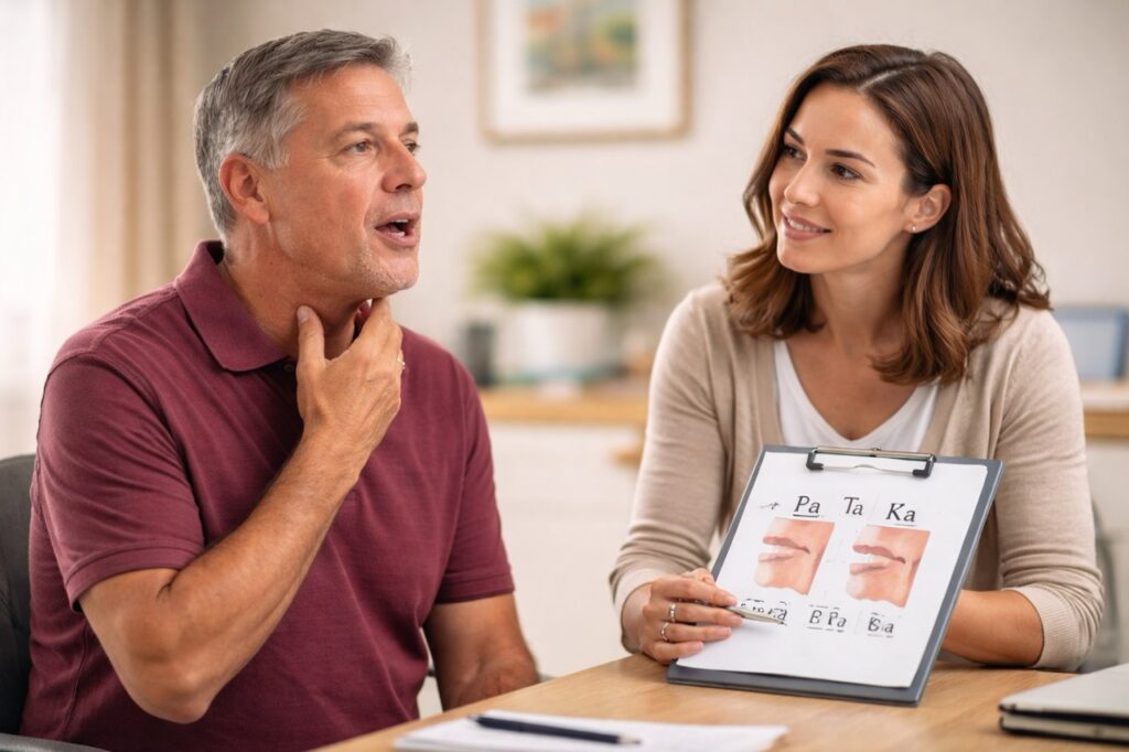Adult with dysarthria practicing speech exercises with speech-language pathologist during therapy session