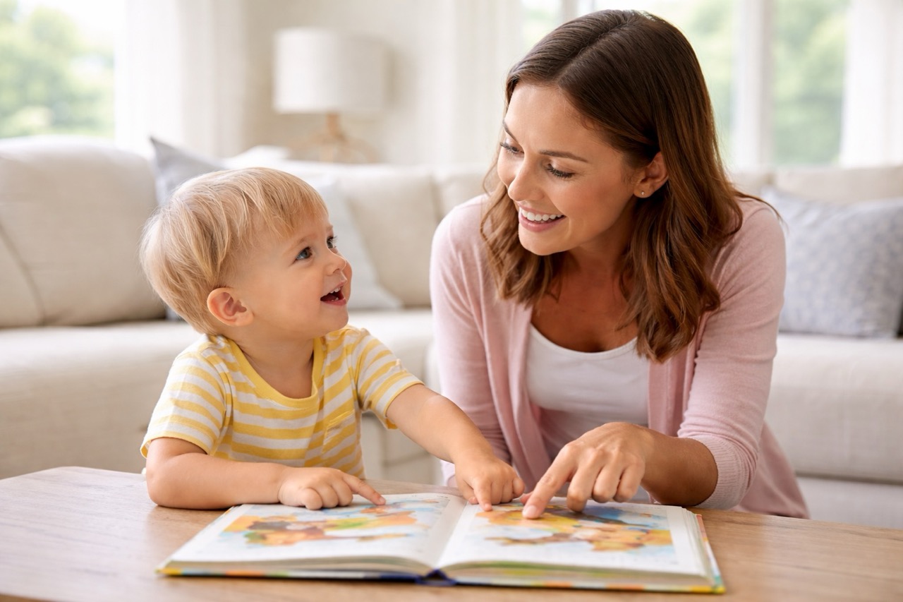 Mother working with toddler son on first words during play at home.