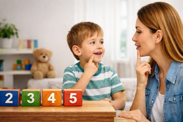 Speech Therapist helping young child practice speech sounds during early speech development
