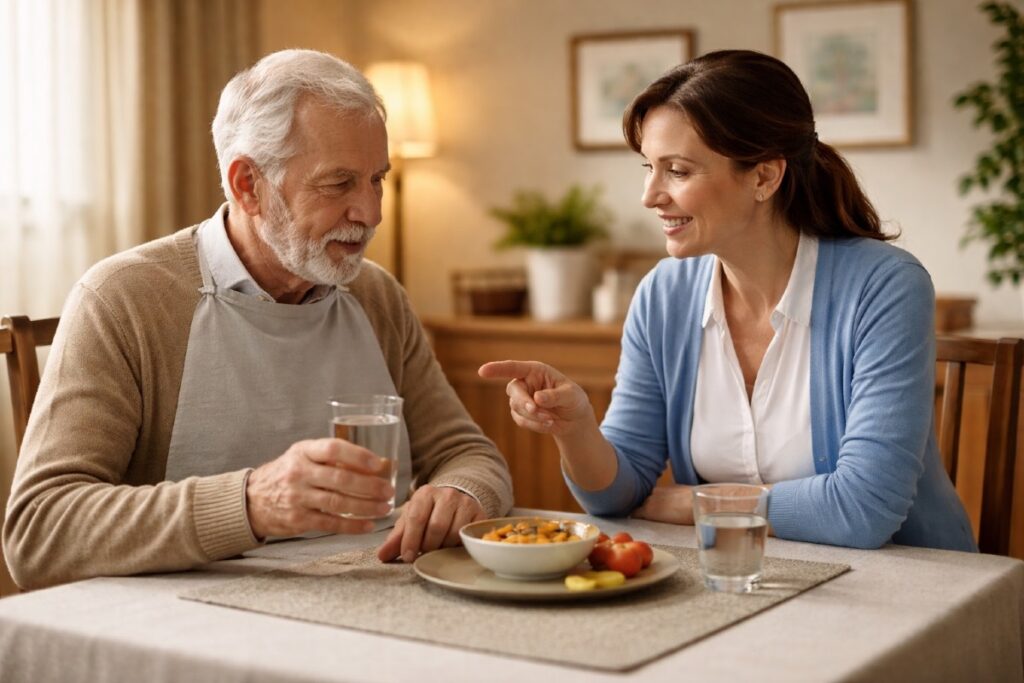 Speech therapist helping an older adult practice safe swallowing during a meal for dysphagia treatment