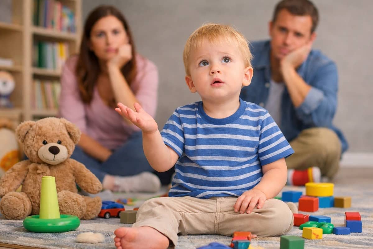 18 month old toddler not talking yet — parents watching with concern in the background