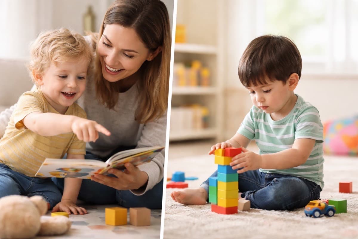 Parent and toddler playing together on the floor — exploring late talker vs autism differences.