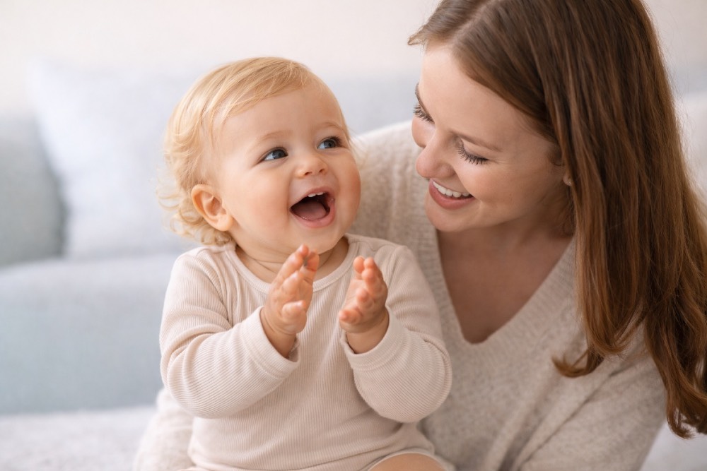 Mother with baby using milestone checker for babies first words
