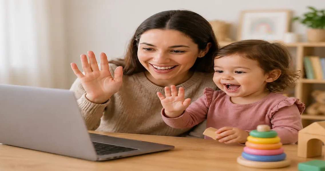 Mother and toddler waving at laptop screen during online speech therapy session